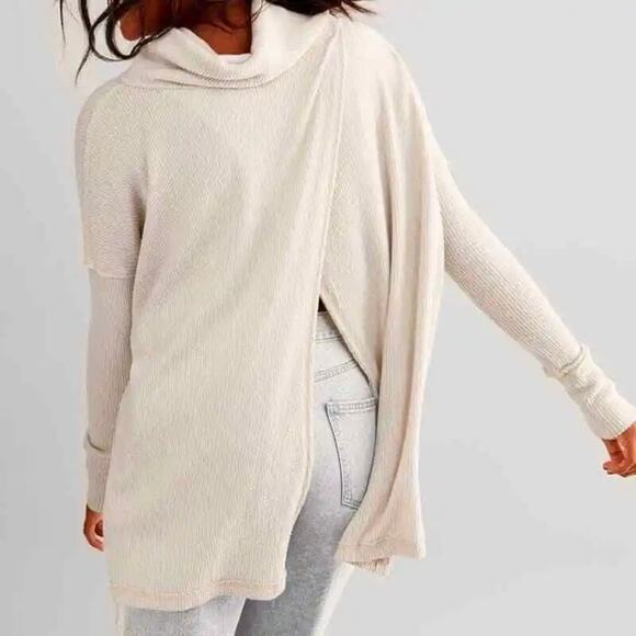 FREE PEOPLE NEW JUICY LONG SLEEVE WAFFLE KNIT OVERSIDED THERMAL STONE COLD XS - Picture 4 of 14